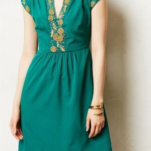 Anthropologie Green Embroidered Dress